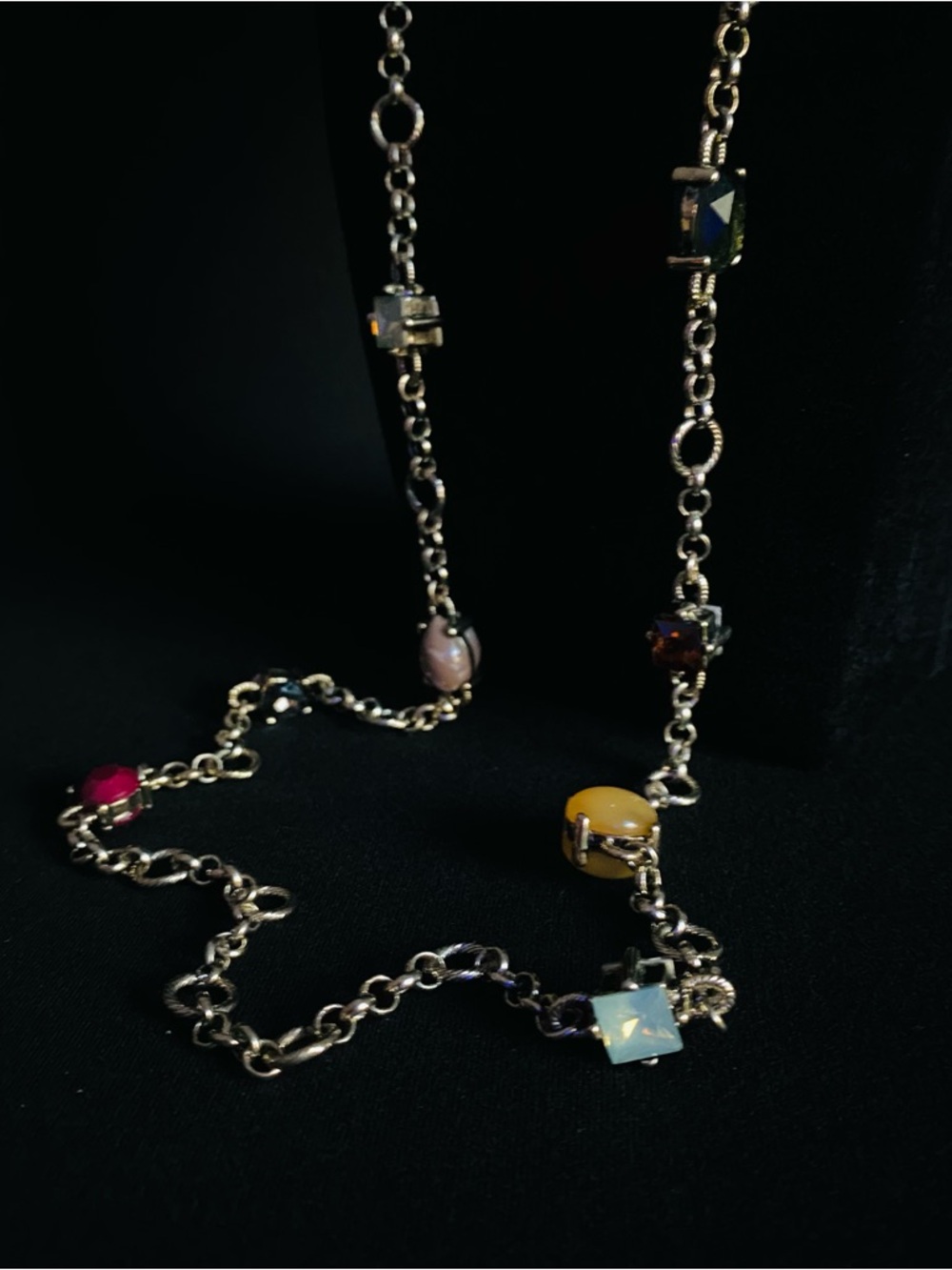 LOFT Multi-Color Beaded Gemstone Long Necklace - Silver Chain